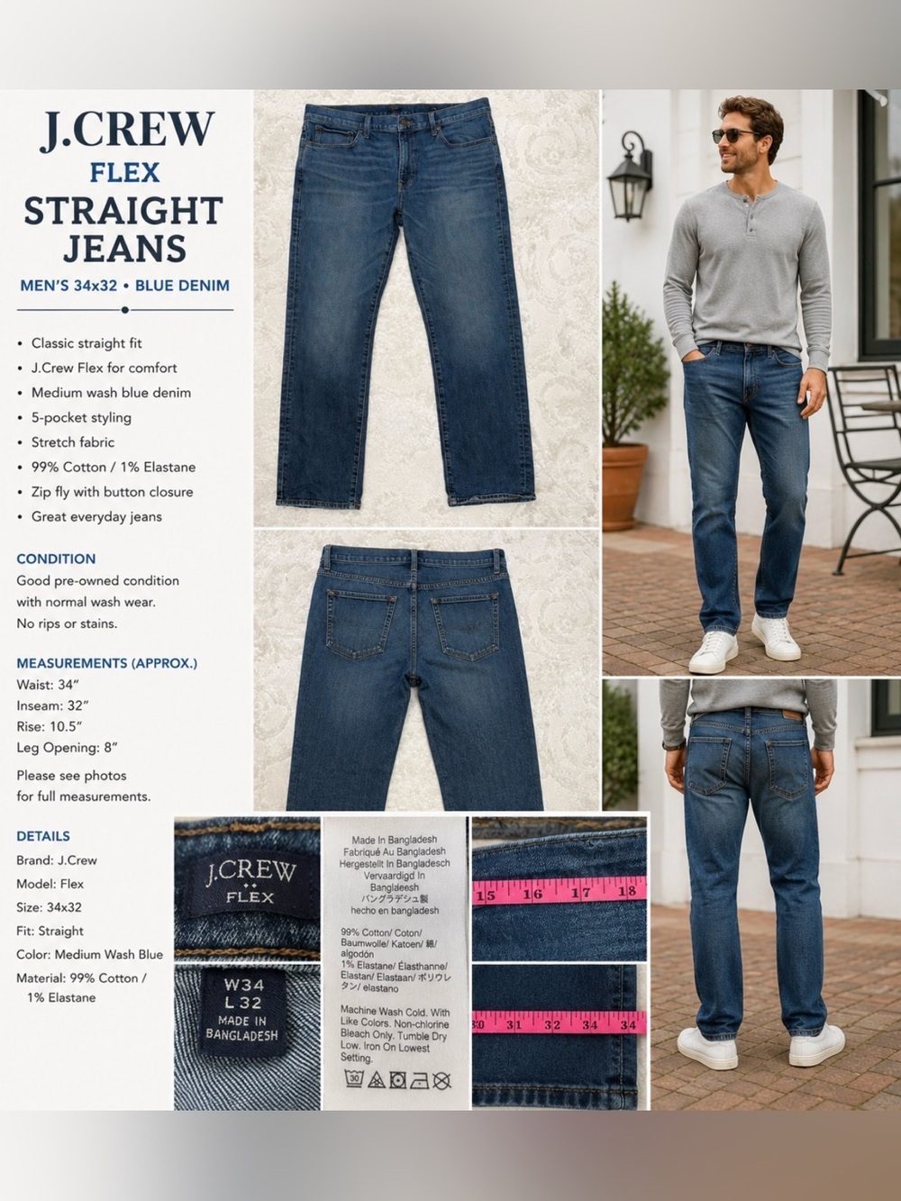 J.Crew Flex Straight Jeans Men’s 34x32 Blue Stretch Denim Classic Fit